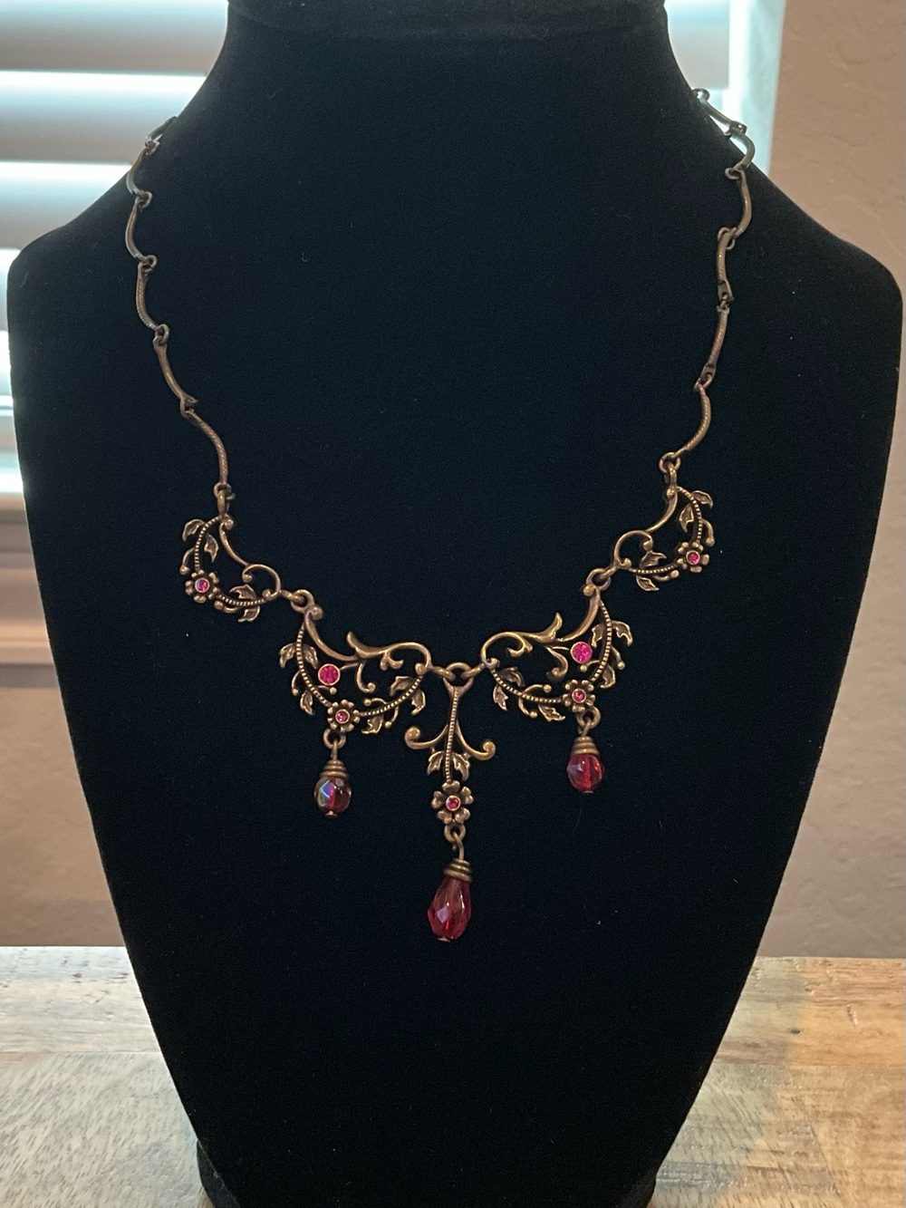 Antique Styled Brass Filigree Necklace with Pink Crystal Drops